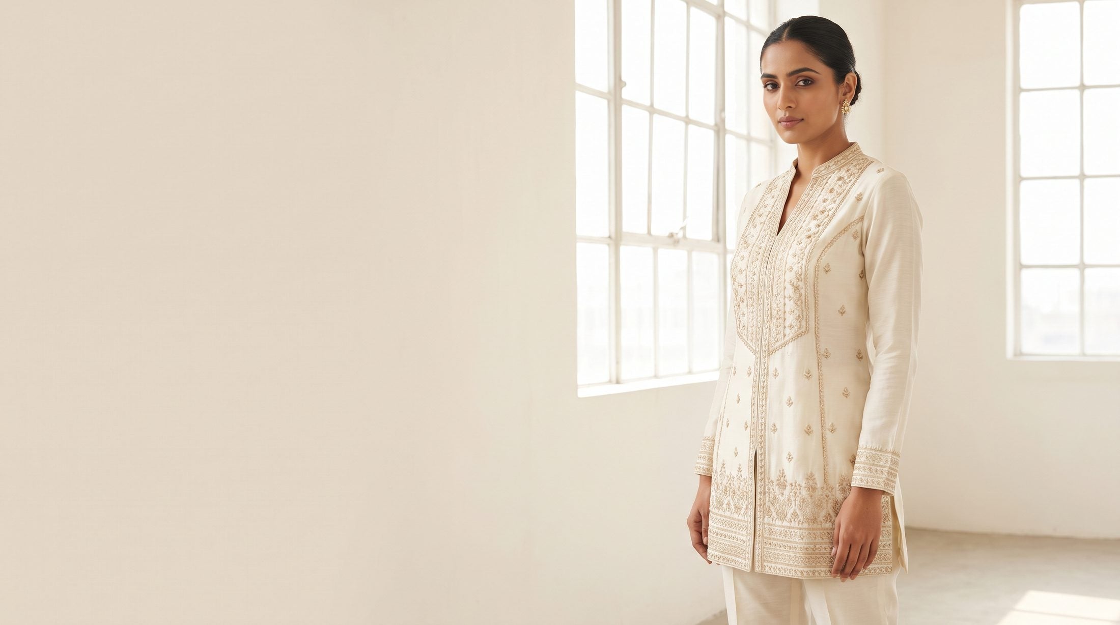 A woman in an ivory and gold Indian ensemble in a bright studio
